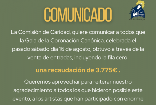RECAUDACIÓN DE LA GALA DE LA CORONACIÓN CANÓNICA DE NTRA. SRA. DE LOS DOLORES